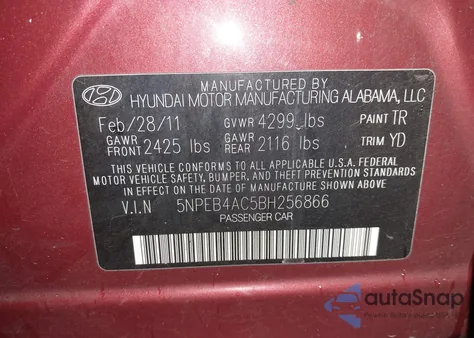 2011 Hyundai Sonata Gls from USA, damaged, VIN 5NPEB4AC5BH256866